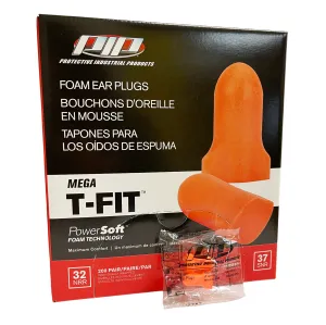 PIP Mega T-Fit T-Shape Disposable Soft Polyurethane Foam Ear Plugs, Uncorded - NRR 32 - 200 Pair/Box
