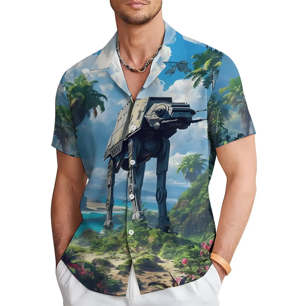 Retro Painting Of Sci-Fi Space Armed Walkers And Wildflowers Printing Shirt 2408005232