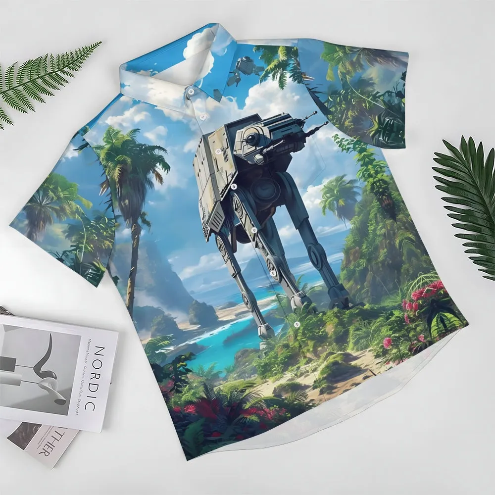 Retro Painting Of Sci-Fi Space Armed Walkers And Wildflowers Printing Shirt 2408005232