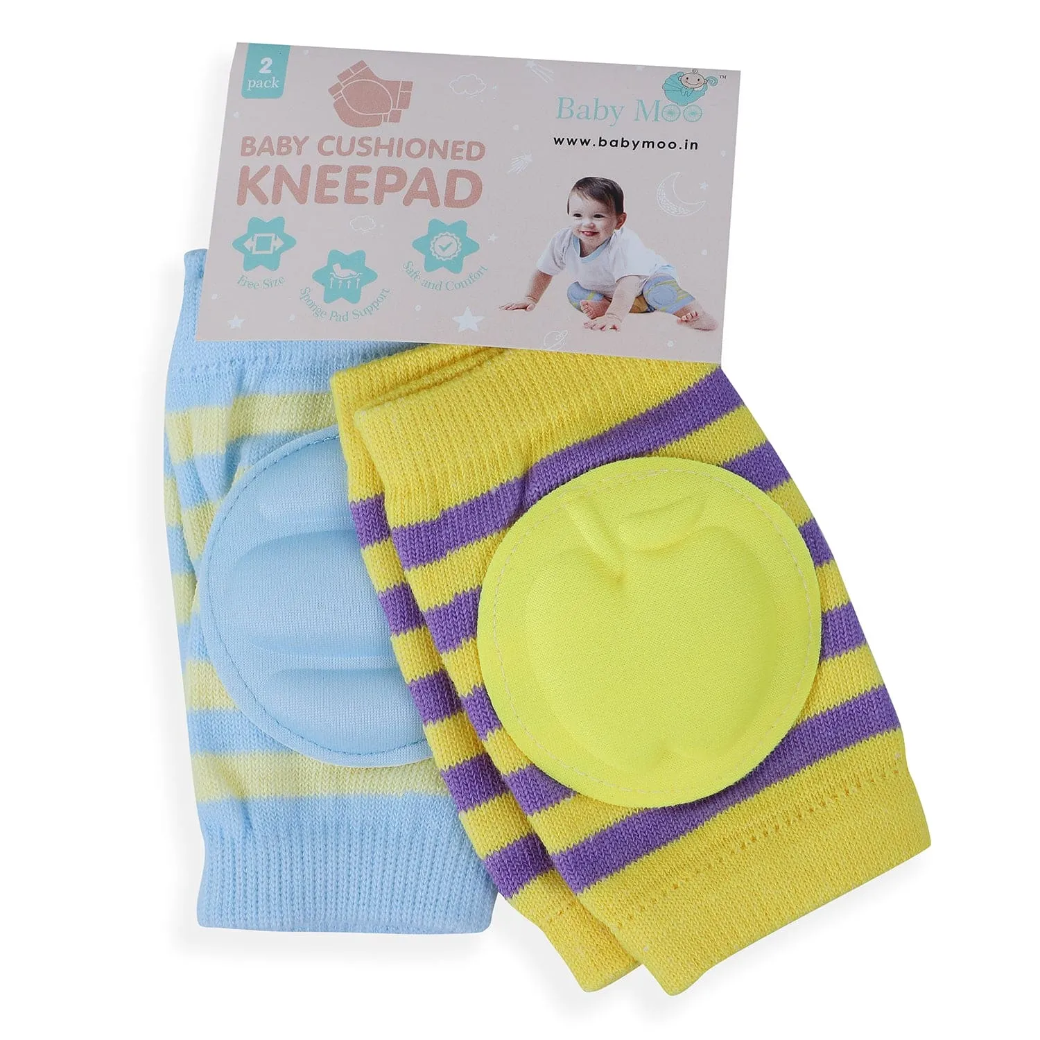Striped Yellow, Blue 2 Pk Baby Cushioned Kneepad