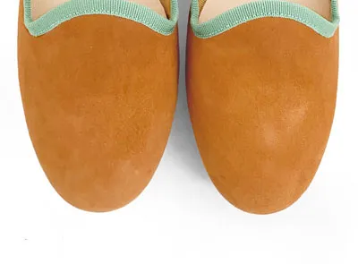 Tan suede women's loafers and green gros grain
