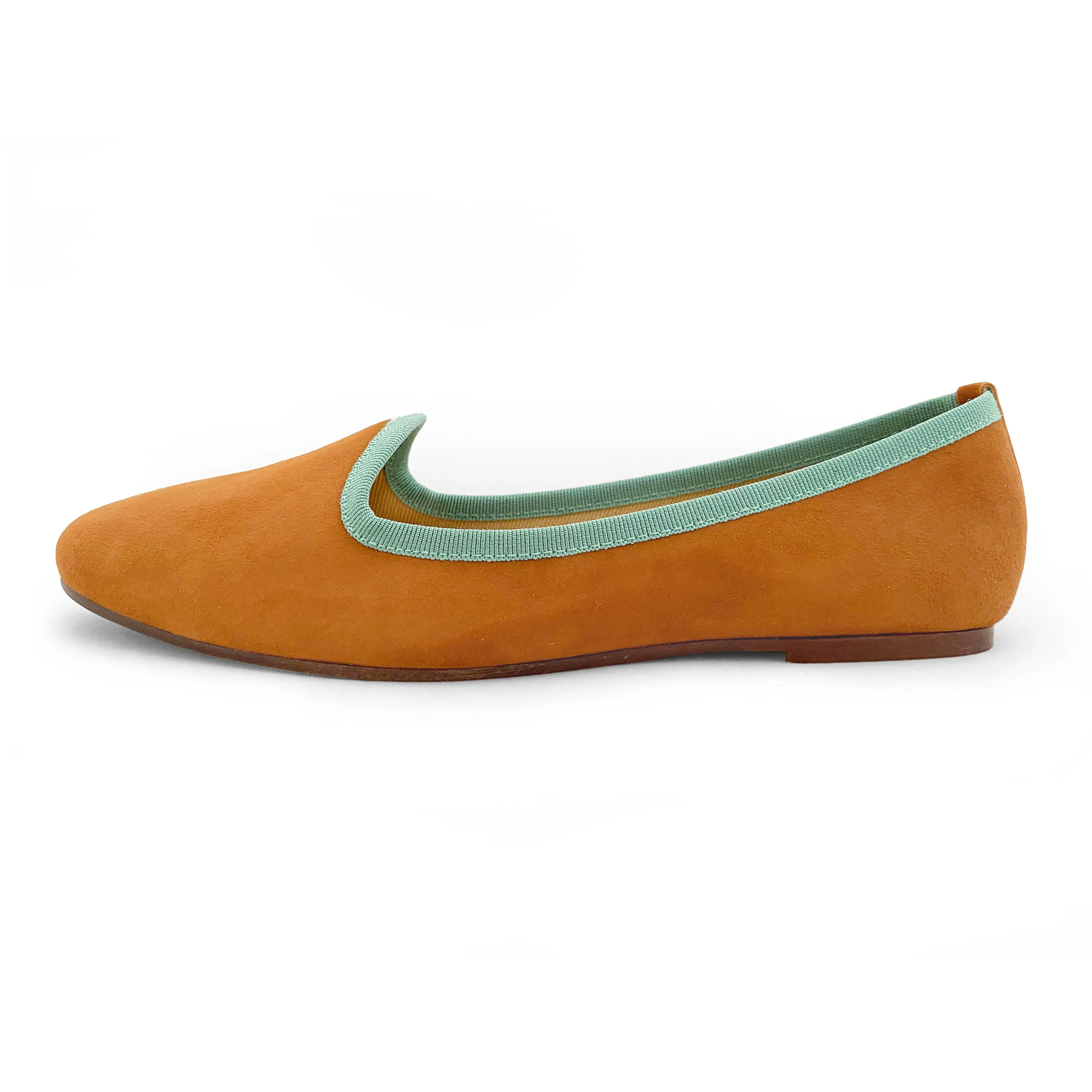 Tan suede women's loafers and green gros grain