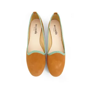 Tan suede women's loafers and green gros grain