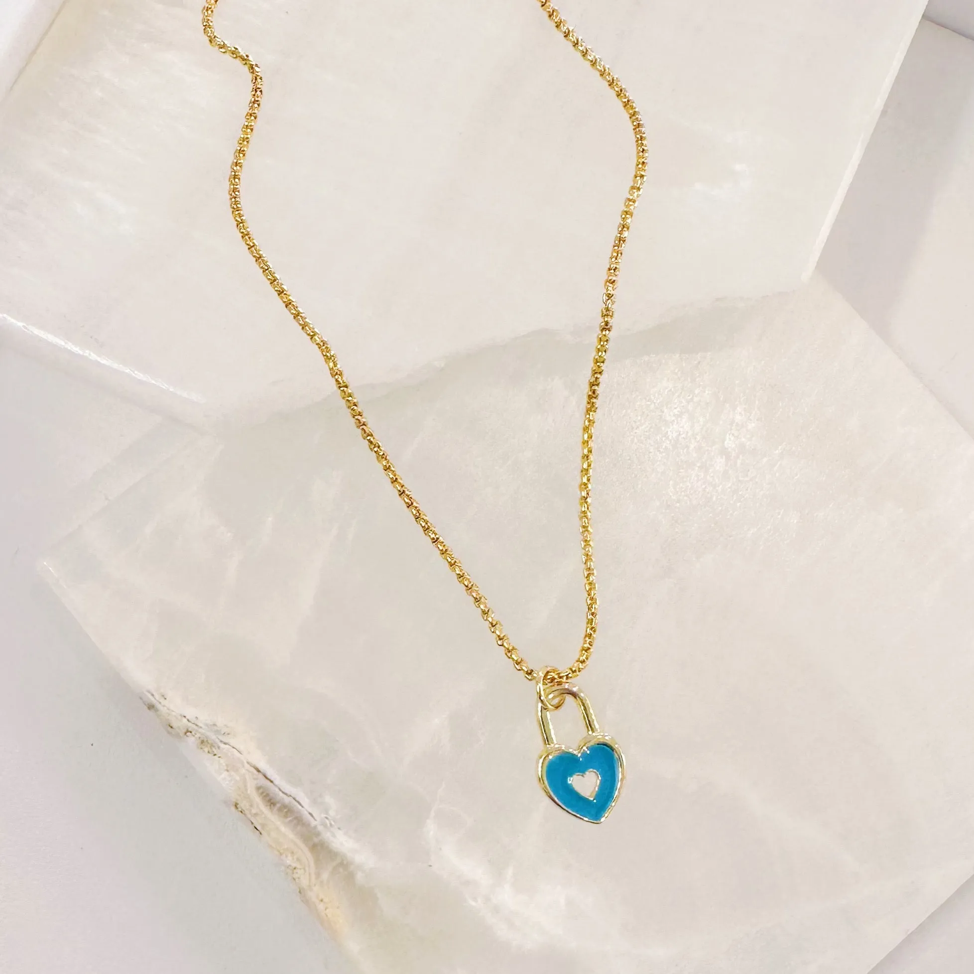 TEAL BLUE HEART LOCK SUPER MINI necklace