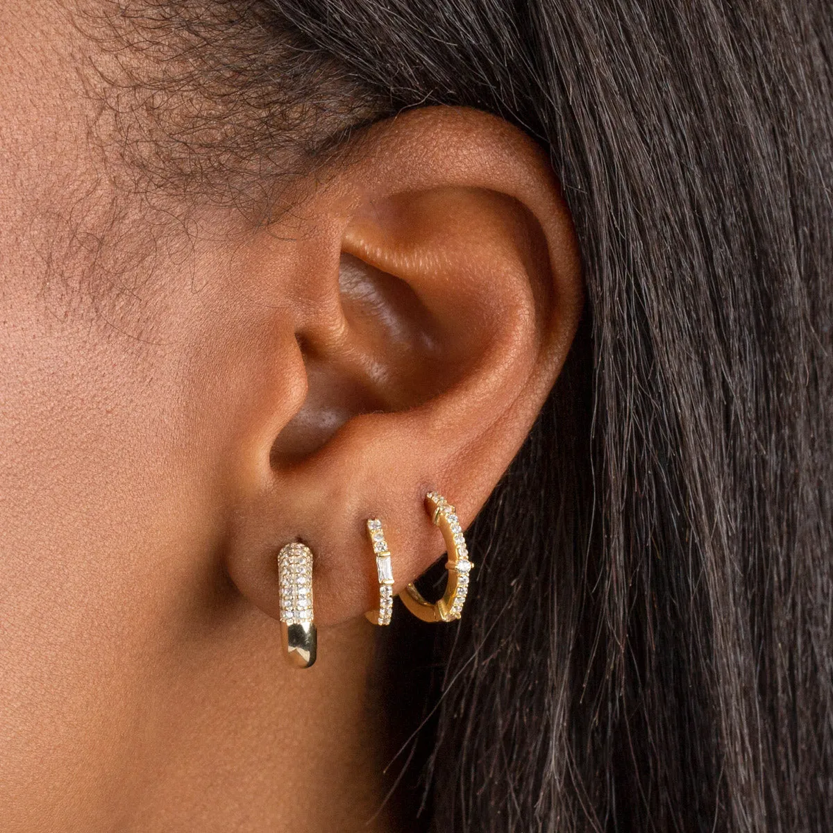 Thin CZ X Baguette Huggie Earring