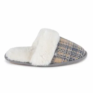 Totes Isotoner BRUSHED CHECK Womens Mule Slippers Grey