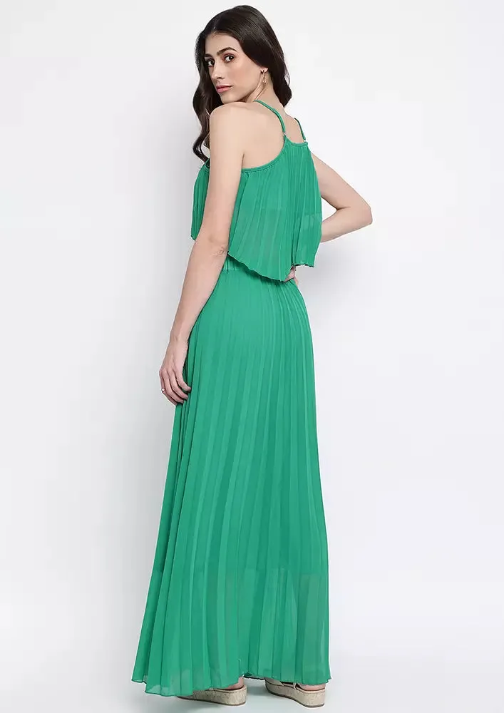 Turquoise Pleated Halterneck Crop Top And Long Skirt Two-Piece Set