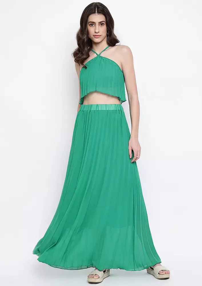 Turquoise Pleated Halterneck Crop Top And Long Skirt Two-Piece Set