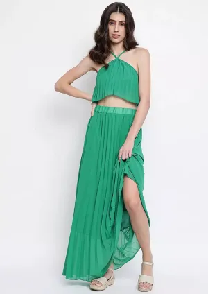 Turquoise Pleated Halterneck Crop Top And Long Skirt Two-Piece Set