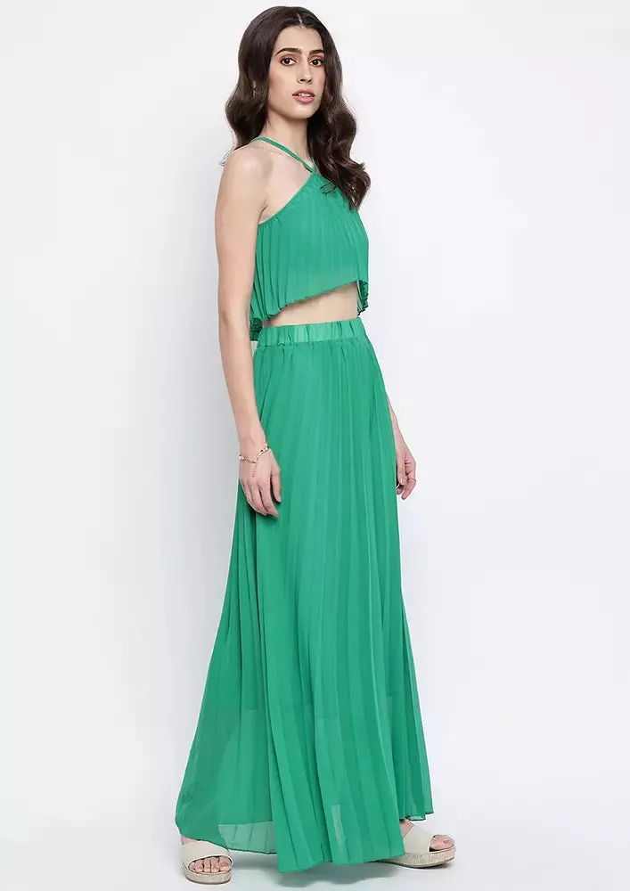Turquoise Pleated Halterneck Crop Top And Long Skirt Two-Piece Set