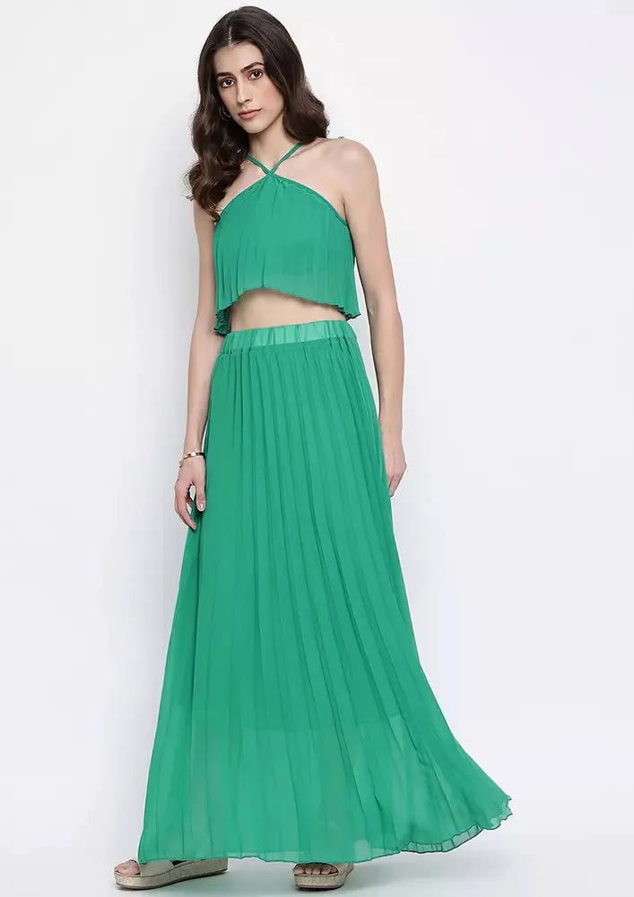 Turquoise Pleated Halterneck Crop Top And Long Skirt Two-Piece Set