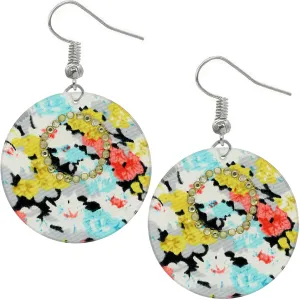 Yellow Blue Multicolor Floral Pattern Thin Disk Earrings